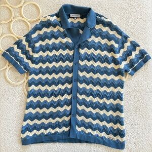 Mauvais men’s Zigzag Button Down Shirt crochet beachy Blue and Cream S